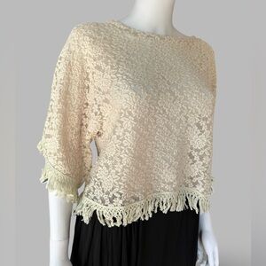 Patterson J Kincaid Bohemian Cream Lace w/ Fringe Sheer Blouse Sz Large